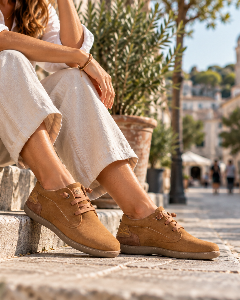 Sunni Sabbi Damen Schuhe in Braun kombiniert mit hellem Outfit in mediterraner Stadtkulisse