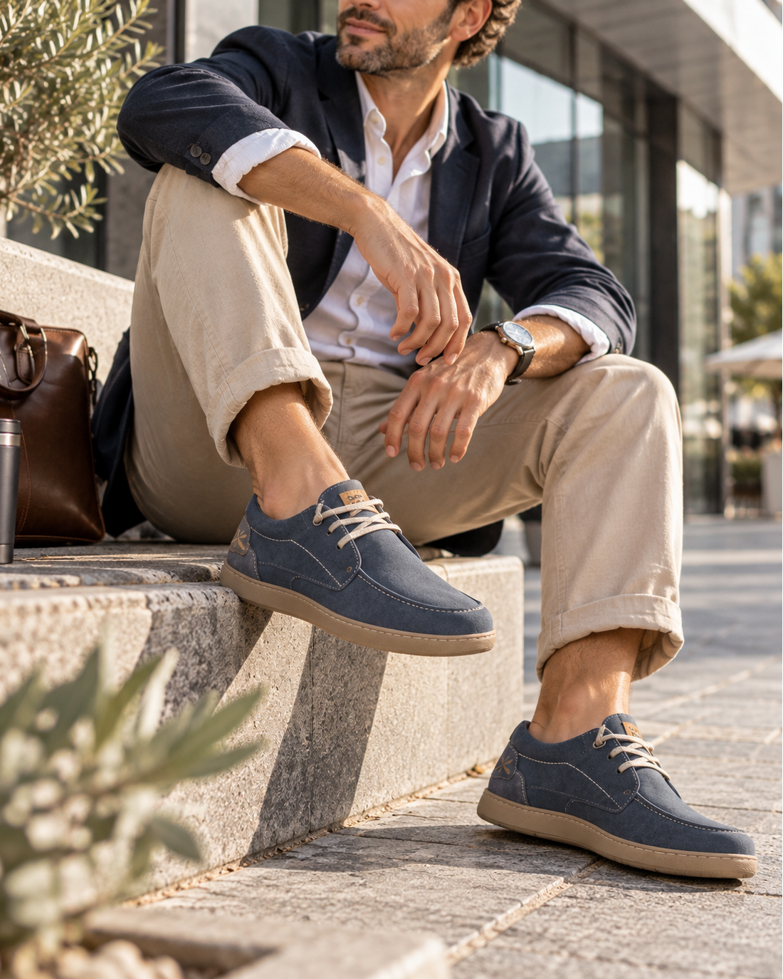 Sunni Sabbi Herren Schuhe in Blau kombiniert mit Sakko und heller Hose im urbanen Business-Look