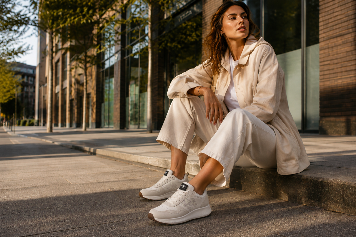 Weiße WODEN Damen Sneaker zu hellem Outfit in moderner City-Kulisse – shoedealo.shop